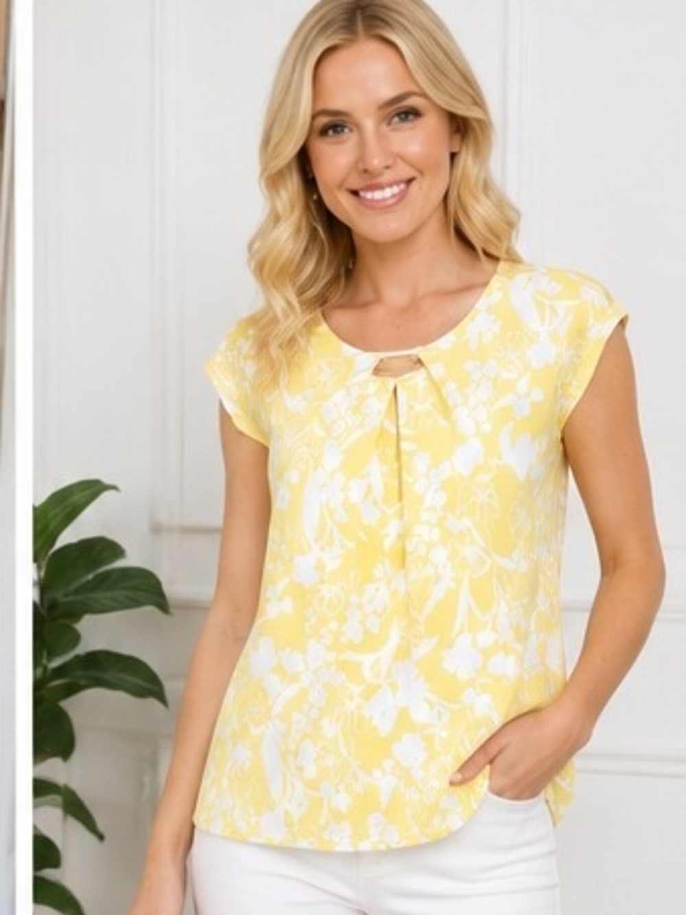Yellow Floral Keyhole Cap-Sleeve Women’s Top